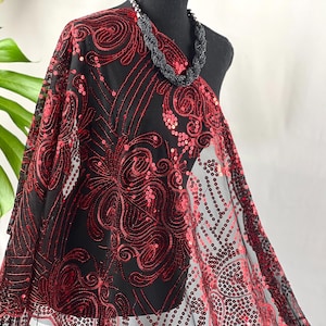 Charming Burgundy Lace Embroidery Sequin Scarf Shawl Fringe Tassel Wedding Cape Wedding Shawl Floral Embroidery Sequin Scarf