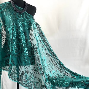 Sparkle Emerald Green Floral Sequin Scarf Shawl Fringe Tassel
