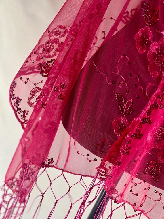 Fuchsia PINK Sparkle Pink Floral Sequin Scarf Shawl Fringe