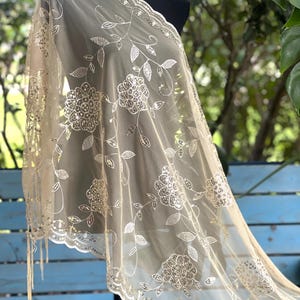 Gold Elegant Floral GOLD Lace Embroidery Sequin Scarf Shawl Fringe Tassel Wedding Cape Wedding Shawl Floral Embroidery Sequin Scarf