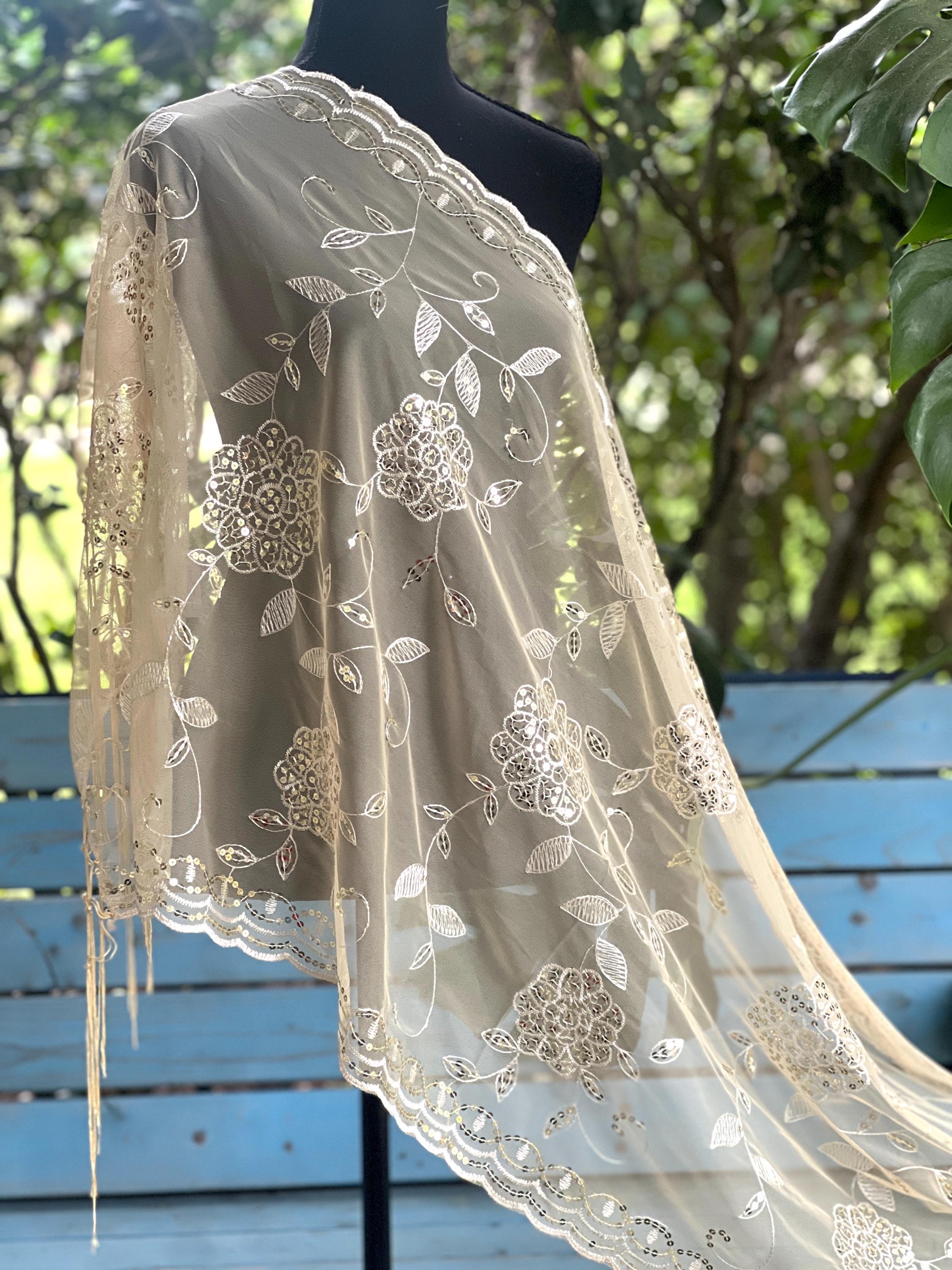 Gold Elegant Floral GOLD Lace Embroidery Sequin Scarf Shawl