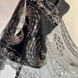 SILVER BLACK Peacock Embroidered Wrap – Sequin Elegant Shawl for Special Occasions