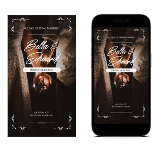 May include: A wedding invitation with a dark background and a couple's hands holding a string of lights. The text reads "We are getting married, Bella & Edward, Friday, 10.10.2025, Location - City, Reception to follow."