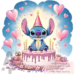 2 PNG Stitch Birthday Clipart Bundle | Cute Stitch PNG Set | Printable Art | High Resolution, Instant Digital PNG Download