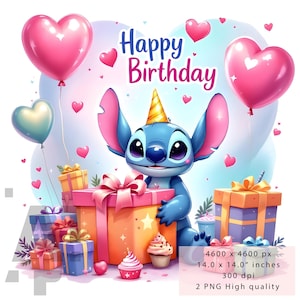 2 PNG Stitch Happy Birthday Clipart | Cute Alien Birthday Scene | Digital Download | High Resolution, Instant Digital PNG Download
