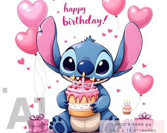 2 PNG スティッチの誕生日パーティーシーン | かわいいクリップアートパック | デジタルファイル | 高解像度、インスタントデジタルPNGダウンロード