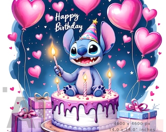2 PNG Stitch Cartoon Birthday | Transparent Background | Clipart Pack | High Resolution, Instant Digital PNG Download