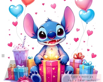 2 PNG Stitch with Cake | Birthday Clipart Set of 2 | Kawaii Birthday Art | High Resolution, Instant Digital PNG Download