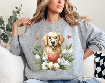 Sudadera Golden Retriever de San Valentín, regalo para mamá perruna, adorable sudadera de cuello redondo para amantes de los perros.