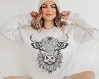Rustic Highland Cow Sweatshirt - Farmhouse Western Style
