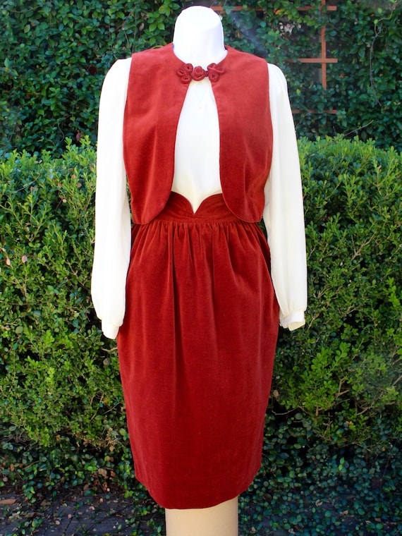 1980s Velvet Rust Colored 2 piece skirt & vest set