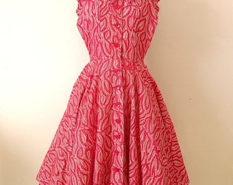 Vintage 1950s Pat Hartly red leaf pattern swing dress