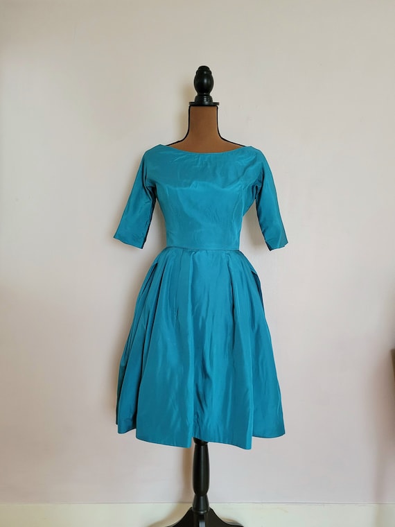 1960s Blue Taffeta Party Dress