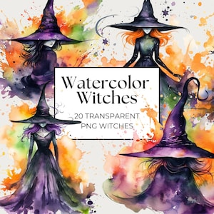 20 Watercolor Witches, Commercial Use Clipart, Halloween Clipart, Witch Clipart