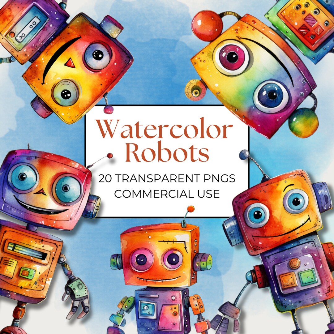 Whimsical Watercolor Robots Clip Art Commercial Use - Etsy