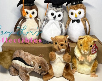 Ty Beanie Babies -U PICK: Chipper Chipmuck, Nuts Squirrel, Wise, Wiser, Wisest, Graduation Owl - Retired -FREE Cards!