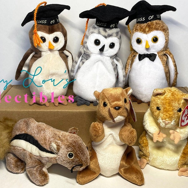 Ty Beanie Babies -U PICK: Chipper Chipmuck, Nuts Squirrel, Wise, Wiser, Wisest, Graduation Owl - Retired -FREE Cards!