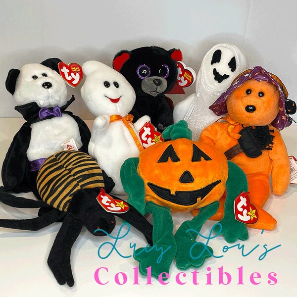 Halloween Ty Beanie Babies UPlCK: Prunella Bear, Spooky Ghost, Spinner Spider, Pumkin, Sheets Ghost, Bearla Bellies - FREE Cards