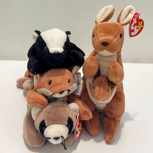 Ty Beanie Baby: Ringo the Raccoon, Sly the Fox, Stinky the Skunk, Pouch the Kangaroo - Retired - FREE Cards w/ Purchase!