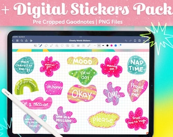 Cute Digital Stickers iPad Tablet Instant Downloads, Goodnotes Journaling Accessories, Neon Abstract Riso Art Themed, Cheeky Sayings Phrases