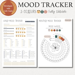 Può includere: Un tracker di umore stampabile con una sezione giornaliera e una sezione mensile. La sezione giornaliera include prompt per il sonno, il livello di energia e le emozioni. La sezione mensile presenta una ruota dell'umore con un design a fiore e una scala codificata a colori.