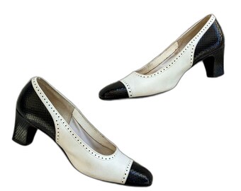 Vtg. 40s AirStep Snakeprint Spectator Cuban Heel Mid Height Pumps, Sz. 6 / 6.5