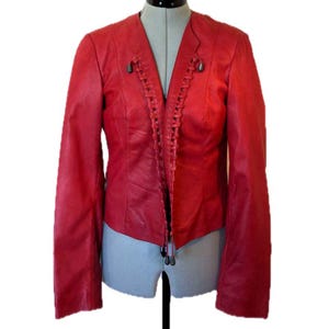 Vintage 80s Unique Embellished Red German Leather Rocker Jacket, Size S