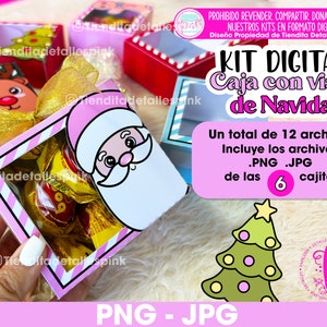 以下が含まれることがあります： 窓付きのクリスマスギフトボックスを作成するためのデジタルキット。このキットには、6つのボックスを作成するための12ファイル、6つのPNGファイルと6つのJPGファイルが含まれています。画像は、サンタクロースのイラストと緑のクリスマスツリーのイラストが描かれた窓のあるピンクのボックスを示しています。