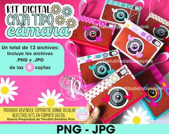 May include: A digital kit for creating camera-shaped boxes. The kit includes 6 different designs with pink, blue, and brown colors. The text on the image says "Kit Digital Caja Tipo Camara" and "Un total de 12 archivos: Incluye los archivos .PNG y .JPG de las 6 cajitas".