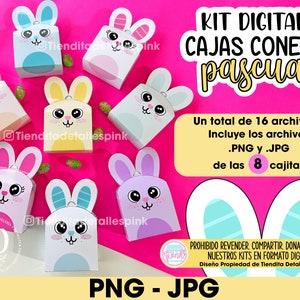 Könnte beinhalten: Ein digitales Kit mit acht druckbaren Osterhasen-Geschenkboxen. Die Boxen sind in verschiedenen Farben, darunter Pink, Blau, Gelb und Lila. Das Kit enthält 16 Dateien im PNG- und JPG-Format. Der Text auf dem Bild lautet "Kit Digital Cajas Conejo Pascua" und "Un total de 16 archivos: Incluye los archivos .PNG y .JPG de las 8 cajitas".
