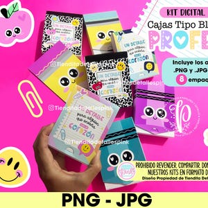 May include: A digital kit featuring eight block-style boxes with cute cartoon faces and the text "UN DETALLE para alguien que enseña corazón." The boxes are in various colors, including yellow, purple, and black, with a pink background. The image also includes a pink apple, a paperclip, and a smiley face.