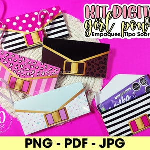 May include: A digital kit for creating party favor envelopes. The kit includes five different designs with pink, black, white, and gold accents. The text on the image reads "KIT DIGITAL girl power Empaques Tipo Sobre PNG - PDF - JPG".