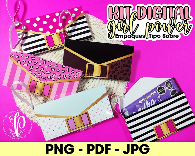 May include: A digital kit for creating party favor envelopes. The kit includes five different designs with pink, black, white, and gold accents. The text on the image reads "KIT DIGITAL girl power Empaques Tipo Sobre PNG - PDF - JPG".