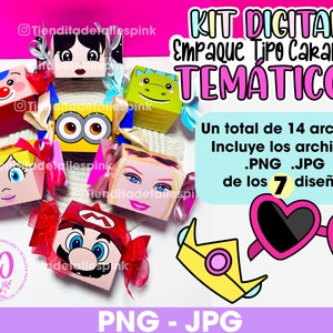 May include: A digital kit of 7 printable designs for candy boxes. The boxes are decorated with cartoon characters like Mario, a Minion, and a princess. The kit includes 14 files in PNG and JPG formats. The text on the image reads "KIT DIGITAL Empaque Tipo Caramelo TEMÁTICOS Un total de 14 archivos Incluye los archivos .PNG .JPG de los 7 diseños PNG - JPG"