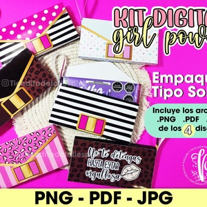 May include: A digital kit for creating envelope-style packaging. The kit includes four designs featuring different patterns: polka dots, stripes, leopard print, and a brown and pink design with the text "No te detengas hasta estar orgullosa". The kit includes PNG, PDF, and JPG files.