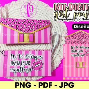 May include: Pink and gold digital printable design for a party favor box or envelope. The design features a pink and black leopard print, pink and white stripes, and the text "No te detengas hasta estar orgullosa" (Don't stop until you are proud).