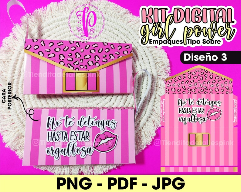 May include: Pink and gold digital printable design for a party favor box or envelope. The design features a pink and black leopard print, pink and white stripes, and the text "No te detengas hasta estar orgullosa" (Don't stop until you are proud).