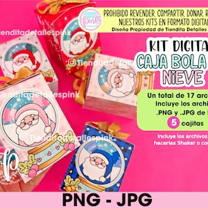 Op de afbeelding: Digitaal pakket voor een sneeuwbol-doos knutselwerk. De set bevat 5 printbare dozen met een sneeuwbol-ontwerp met een kerstman-figuur. De set bevat 17 bestanden in PNG- en JPG-formaat. De tekst in de afbeelding luidt "Kit Digital Caja Bola de Nieve" en "Un total de 17 archivos: Incluye los archivos .PNG y .JPG de las 5 cajitas Incluye los archivos para hacerlas Shaker o con visor"