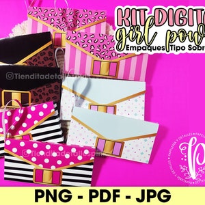 May include: A digital kit for creating party favor bags with a pink and black color scheme. The kit includes several designs featuring purses, polka dots, and stripes. The text "KIT DIGITAL girl power Empaques Tipo Sobre" is visible in the image.