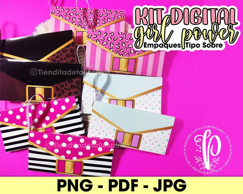May include: A digital kit for creating party favor bags with a pink and black color scheme. The kit includes several designs featuring purses, polka dots, and stripes. The text "KIT DIGITAL girl power Empaques Tipo Sobre" is visible in the image.