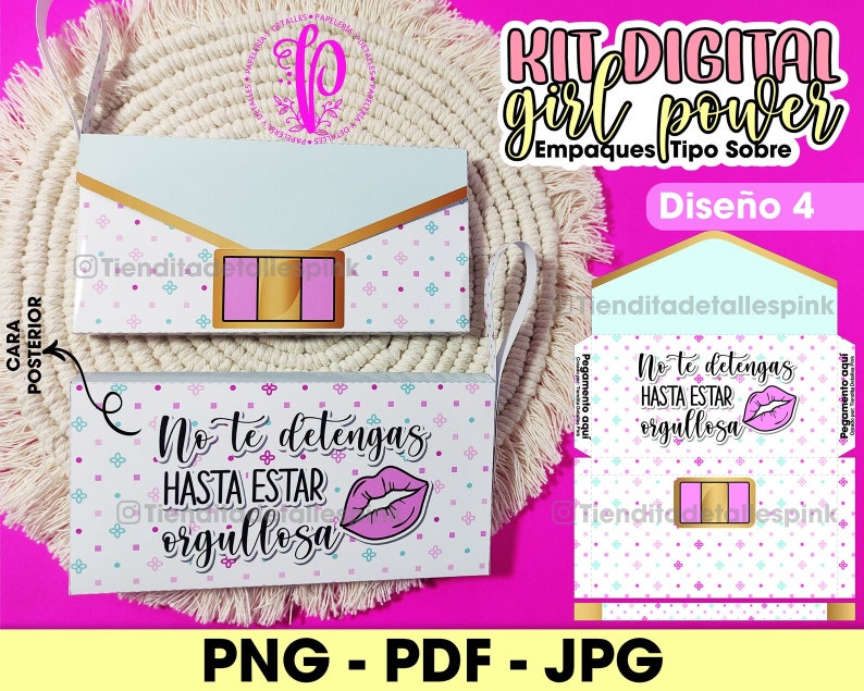 May include: A digital kit for creating party favors or gift packaging. The design features a pink and white envelope with the text "No te detengas hasta estar orgullosa" (Don't stop until you are proud) and a pink lipstick graphic. The kit includes a front and back design for the envelope.