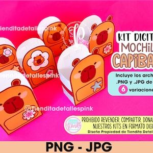 May include: A digital kit for creating a capybara backpack. The kit includes 6 variations of the backpack design in PNG and JPG format. The image shows a colorful illustration of a capybara backpack with a star on the front.