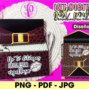 May include: Digital kit for packaging favors with a leopard print design. The packaging is in the shape of an envelope with the text "No te detengas hasta estar orgullosa" (Don't stop until you are proud) and a red lip graphic.