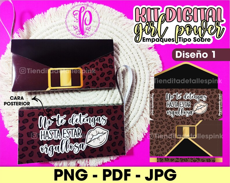 May include: Digital kit for packaging favors with a leopard print design. The packaging is in the shape of an envelope with the text "No te detengas hasta estar orgullosa" (Don't stop until you are proud) and a red lip graphic.