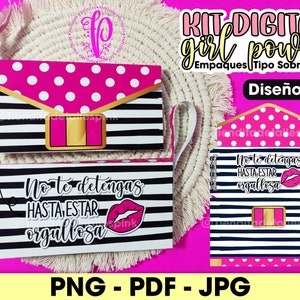 May include: A digital kit for creating party favors with a black and white striped design and pink polka dots. The kit includes a printable design for a small box with a handle and a matching envelope. The text on the box and envelope reads "No te detengas hasta estar orgullosa" which translates to "Don't stop until you are proud".