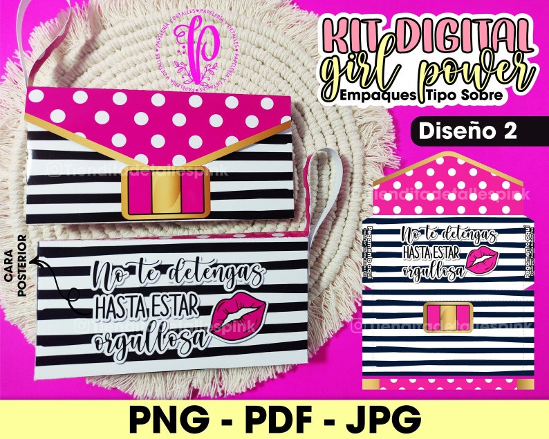 May include: A digital kit for creating party favors with a black and white striped design and pink polka dots. The kit includes a printable design for a small box with a handle and a matching envelope. The text on the box and envelope reads "No te detengas hasta estar orgullosa" which translates to "Don't stop until you are proud".