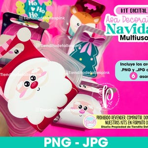 Puede incluir: Un kit digital de Navidad con asas decorativas, con diseños de Papá Noel, renos y árboles de Navidad. El kit incluye archivos .PNG y .JPG de seis asas. El texto en la imagen dice "KIT DIGITAL Asa Decorativa Navidad Multiuso".
