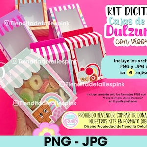 Può includere: Kit digitale con scatole a tema caramelle con finestre trasparenti, progettate con tende a strisce rosa, rosse e bianche. Le scatole sono piene di caramelle colorate. Il testo sull'immagine recita "KIT DIGITAL Cajas de la Dulzura con visor" e "PNG - JPG".