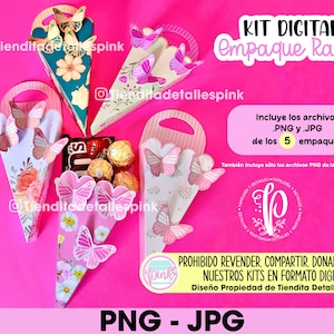 Puede incluir: Kit digital para empaquetar ramos, con cinco cajas en forma de cono con diseños florales y mariposas. Las cajas son rosas, verdes y blancas sobre un fondo rosa. El texto "KIT DIGITAL Empaque Ramo" está en rosa y blanco.