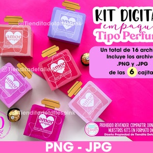 Può includere: Un kit digitale con sei design di packaging a forma di profumo in varie tonalità di rosa, viola e rosso. Ogni scatola presenta le parole "amor propio" e "EAU DE PARFUM". Il kit include 16 file in formato PNG e JPG.